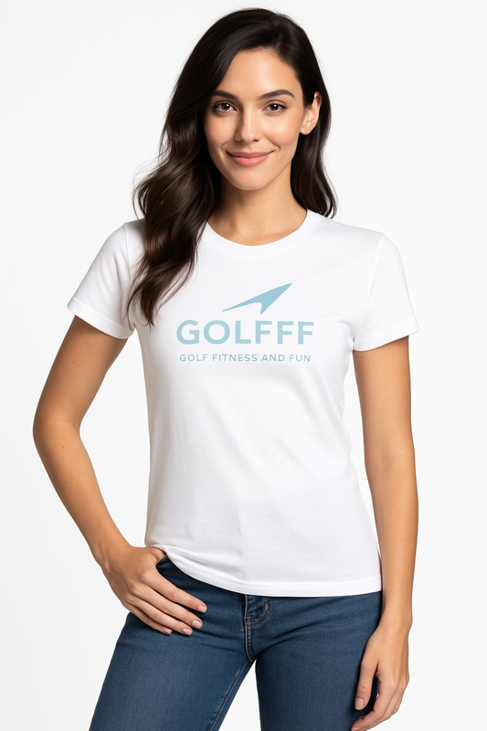 GOLFFF Dames T-Shirt – Wit / Lichtblauw logo